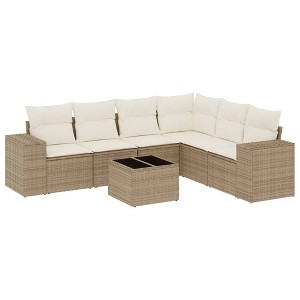 vidaXL 7 Piece Patio Sofa Set with Cushions Poly Rattan - Beige and Cream With Table - 1 of 4