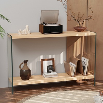ARTLOGE 31.5in/40in/48in Coffee Table Rectangular Tempered Glass Wood-tone MDF Table W/ Shelf Living Room