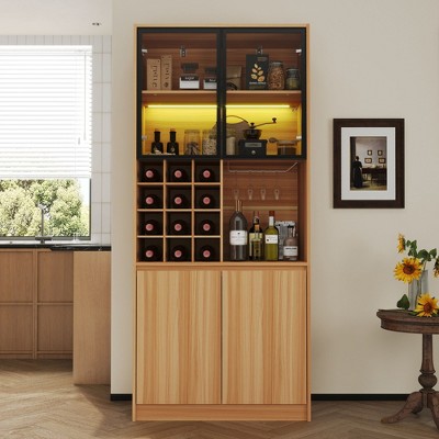 FUFU&GAGA Multifunctional Wood - toned Kitchen and Wine Cabinet with Glass Doors, Wine Rack & LED Lighting Available in Multiple Colors