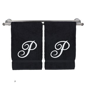 BC BARE COTTON Monogrammed Hand Towel, 100% Turkish Cotton - Set of 2 - Black - White Script - 1 of 4