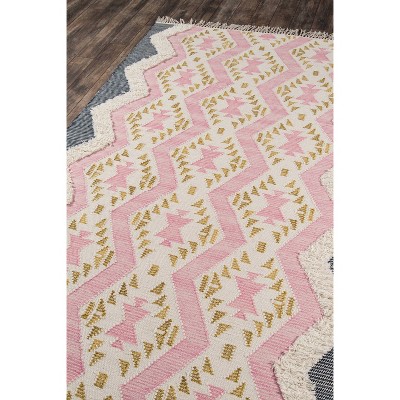 Handmade Pink Geometric Wool Area Rug with Fringe