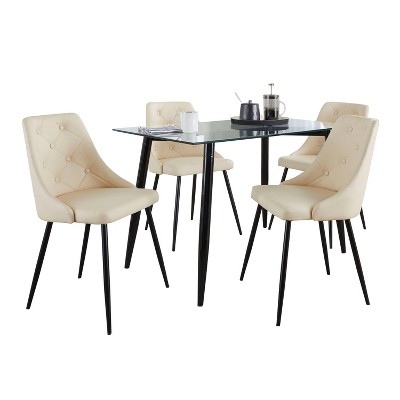 Clara-Giovani 5-Piece Black Metal and Glass Dining Set with Cream Faux Leather Chairs