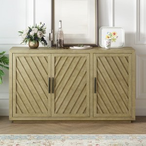 Sideboard Buffet Cabinet With Iron Alloy Black Linear Handle, Solid Wood Frame, Adjustable Height Shelf,  Antique Natural - 1 of 4