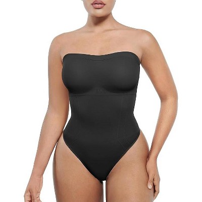 SHAPELLX Women's Shapewear Bodysuits Tummy Control Butt Lifter Body Shaper Strapless Seamless Mid Thigh Jumpsuit Tops—Black 38