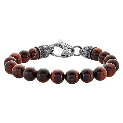 Men's Crucible Natural Stone Beaded Bracelet with Steel Clasp - Red Tiger Eye - Size (10mm) 9"