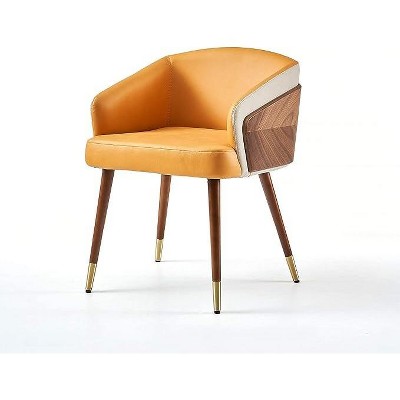 ARTPLAN Mid Century Modern Dining Chair, Faux Leather with Walnut,Uphoolsted Accent Arm Chair,Sitting Chair with Wooden Gold Metal feet