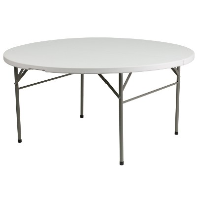 Photo 1 of (PUNCTURED) Flash Furniture 5-Foot Round Bi-Fold White Plastic Folding Table with Carrying Handle