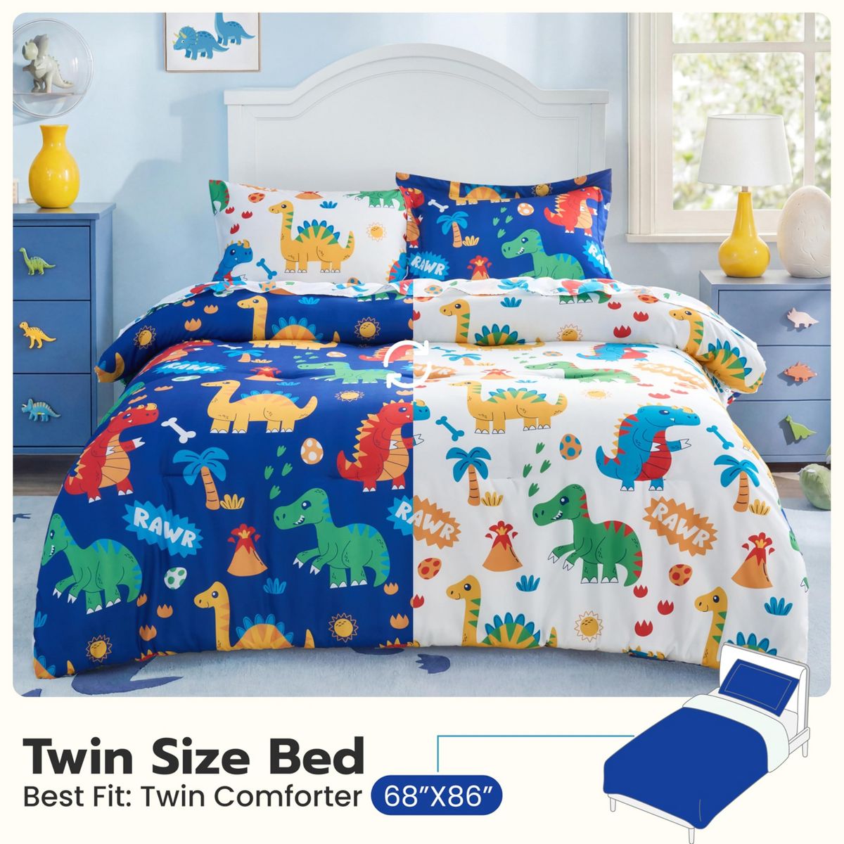 Joyfy Kids Full Comforter Set for Toddler Teen Boys Cute Dinosaur Bedding Set Super Soft Microfiber Bed in a Bag with Comforter Sheet Pillowcase Sham - thumbnail 7