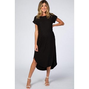PinkBlush Black Ribbed Curved Hem Maternity Midi Dress - 1 of 4