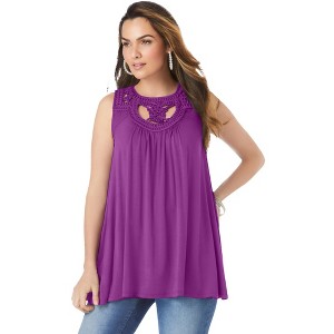 Roaman's Women's Plus Size Crochet Ultra Femme Tank - 1 of 4