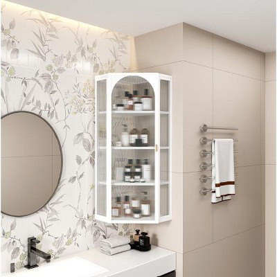 Glass Door Wall Mounted Corner Cabinet with Featuring Four-tier Storage ,White