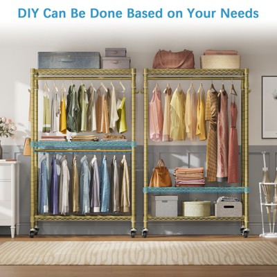 Gold Heavy Duty 3-Tier Rolling Garment Rack with Adjustable Shelves