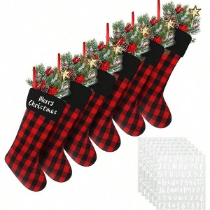 6 Pack Burlap Buffalo Plaid Stockings Large 18 Inch Xmas Stockings with 6 Letter Adhesive Vinyl Sticker Tree Hanging Decorations - 1 of 4