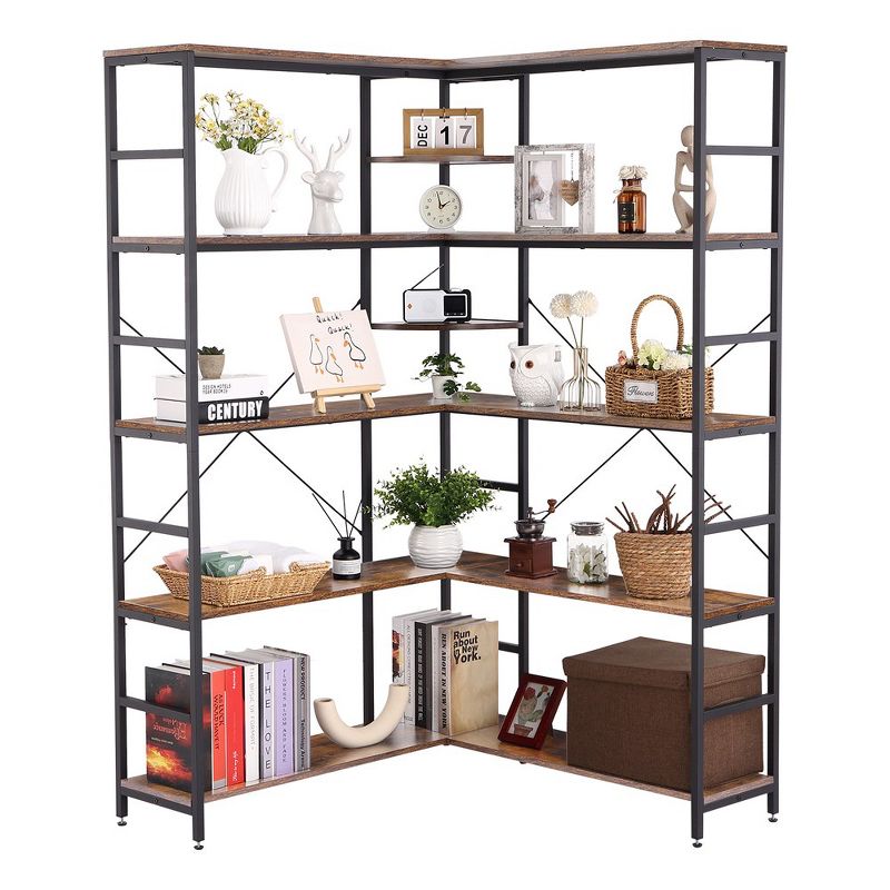 Whizmax 5-Tiers Corner Bookcase with Curved Panels, L Shaped Shelf with Metal Frame,Industrial Bookcases and Bookshelves,Retro Brown, 1 of 6