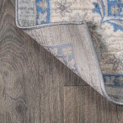 Light Gray and Blue Floral Synthetic Runner Rug