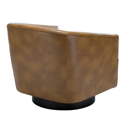 Gaven Camel Faux Leather Swivel Barrel Chair with Wood Base