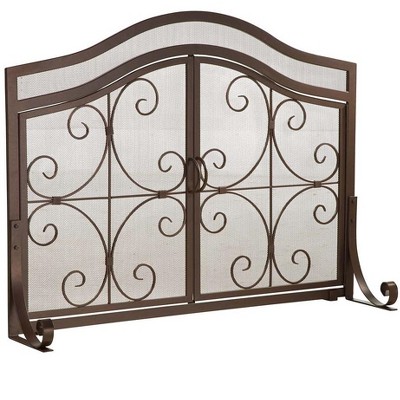 Plow & Hearth - Large Crest Fireplace Fire Screen with Doors, 44" W x 33" H at Center