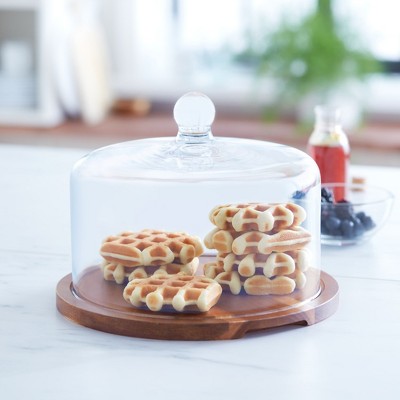 Acacia Wood Round Cake Stand with Glass Dome Lid