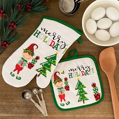 Christmas Elf Merry Holiday Oven Mitt and Pot Holder Gift - Set of 2, 100% Cotton - Elrene Home Fashions