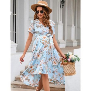 Coolmee Women Maternity Dress Cross V Necks Lantern Short Sleeve Tie High Waist A-Line Irregular Hem Summer Midi Dress - 1 of 4