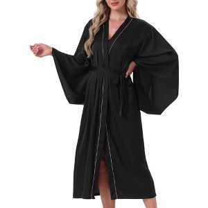 INSPIRE CHIC Womens Satin Long Robe Batwing Sleeve Loungewear Silky Loose Bridal Bathrobes with Belt - 1 of 4