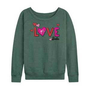 Women's - Barbie - Patterned Love Lightweight French Terry Wide Neck Long Sleeve Shirt - 1 of 4