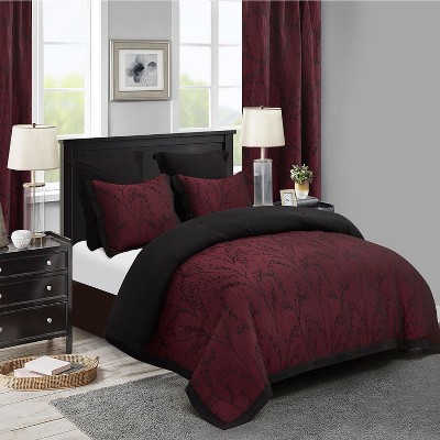 HIG 7-Piece Burgundy Jacquard Bed in a Bag, Queen Size Comforter Set with Floral Tree Branch Patchwork Design, Euro Shams & Window Panels — фото 2