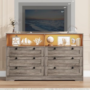 6 Drawer Dresser with Power Outlet and Leg Lights, Modern Wood Dressers & Chests of Drawers with 2 Open Shelves for Bedroom, Living Room - 1 of 4