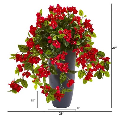 26-inch Red Bougainvillea Artificial Plant in Gray Clay Planter