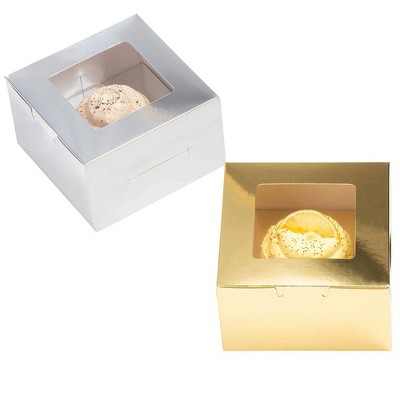 Juvale 24-Pack Paper Cupcake Boxes Individual - Pastry Box Take Out Containers with Insert & Window, Metallic Gold & Silver Foil, 5”x3”x5”