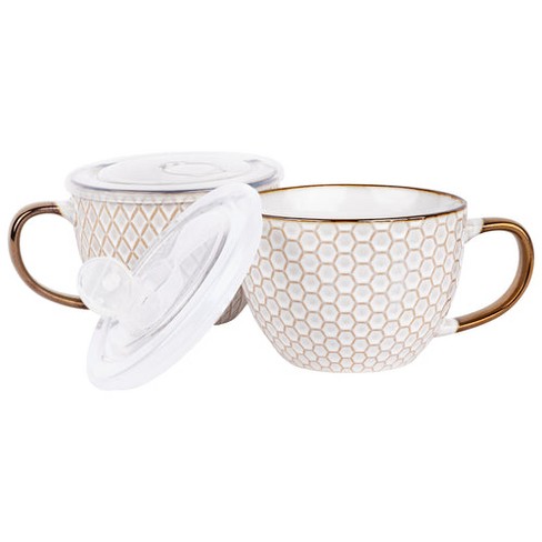 Microwavable S/4 Ceramic Soup Bowls & Saucers with Microwave Lids