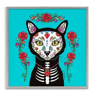 Stupell Industries Day of Dead Cat Portrait Black Framed Giclee Art