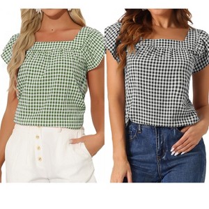 INSPIRE CHIC Women's Summer Square Neck Gingham Cap Sleeve Blouses 2 Packs - 1 of 4