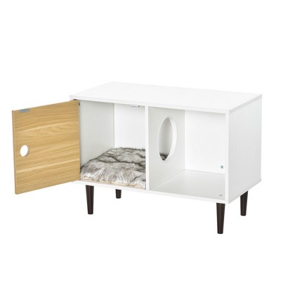 White and Light Brown Particleboard Cat Litter Box Enclosure with Pinewood Legs