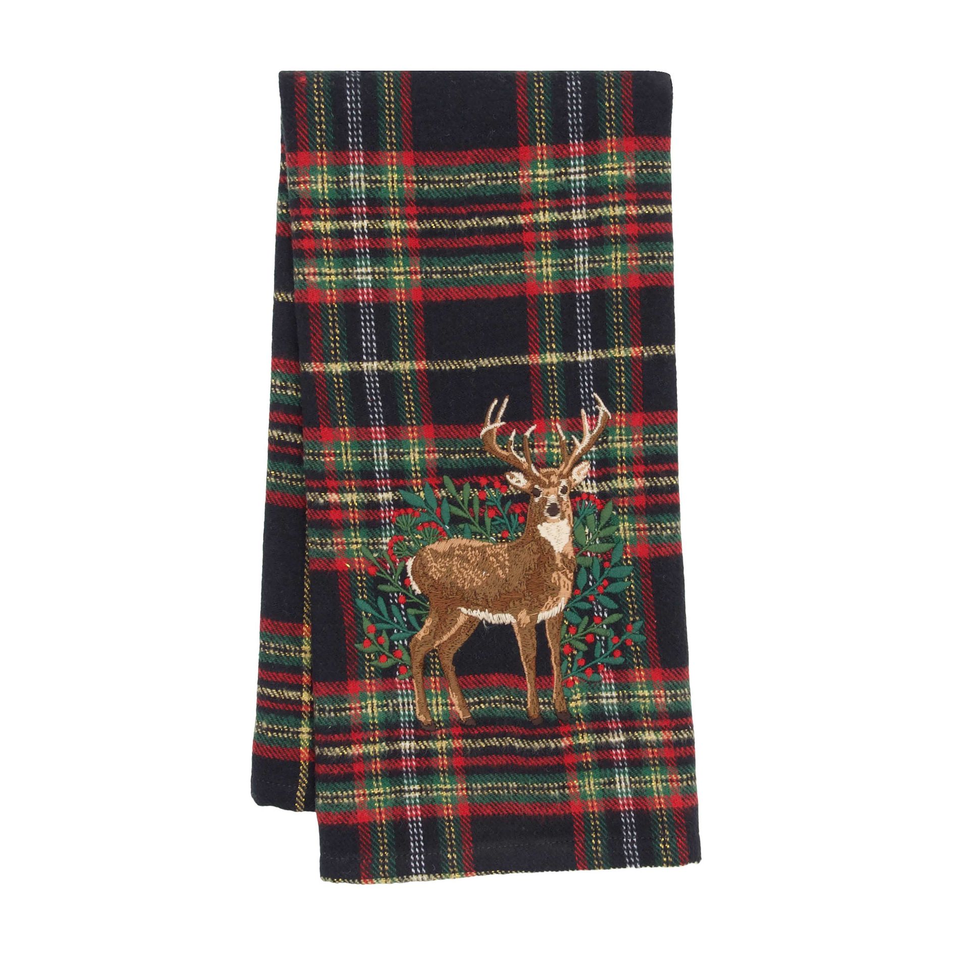 C&F Home Deer Botanical Embroidery on Plaid Christmas Towel