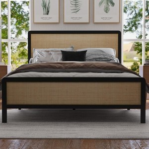 Metal Platform Bed Frame with Rattan Headboard and Footboard, Quiet, Sturdy Slats, Under-Bed Storage, Child and Pet Safe, No Box Spring Required - 1 of 4
