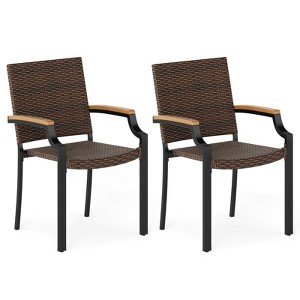Costway Stacking Wicker Chairs Set of 2 with Acacia Wood Armrests & Metal Frame, Outdoor - 1 of 4