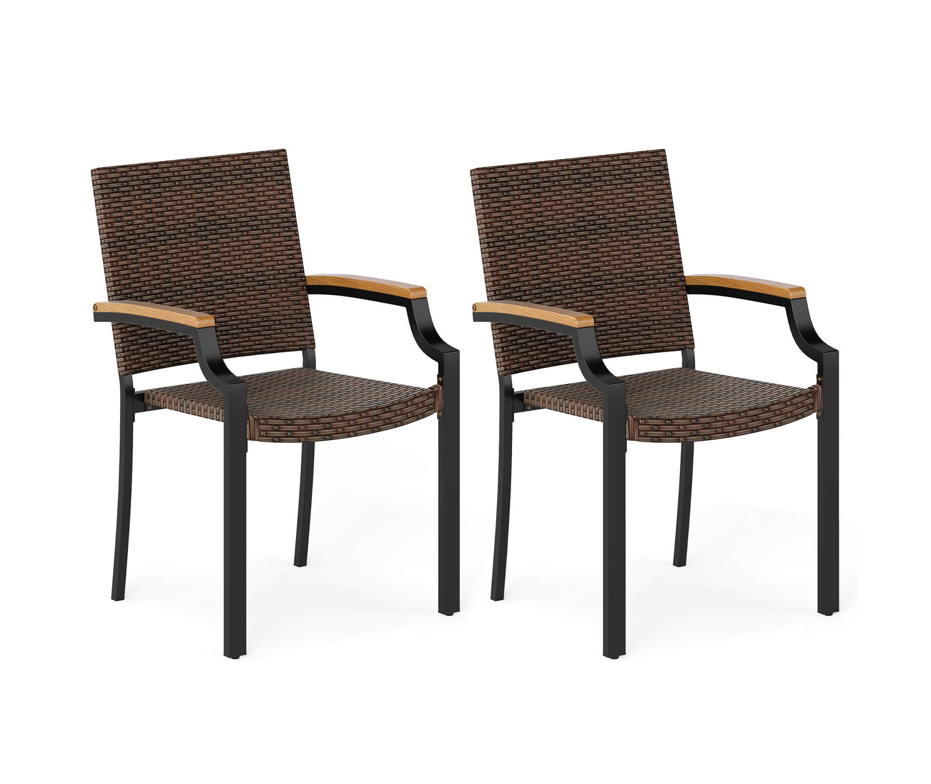 Costway Stacking Wicker Chairs Set of 2 with Acacia Wood Armrests & Metal Frame, Outdoor