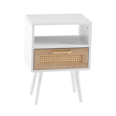 NicBex 15.75 inch Rattan Nightstand with 1 Drawer,Modern Side Table with Solid Wood Legs,Bedside Table for Bedroom,Living Room