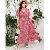 Womens Plus Size V Neck Wrap Maxi Dress High Waist Ruffle Summer Casual Dress with Belt, Red White Flower, 4XL - 4 of 4