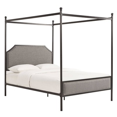 Queen Barrington Nailhead Trim Upholstered Metal Canopy Bed Black/Gray - Inspire Q