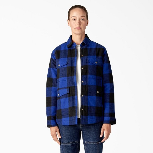 Dickies Women's Flannel Fleece Lined Chore Coat, Surf Blue/Black Buffalo  Plaid (B1U),