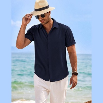 COOFANDY Men's Linen Short Sleeve Casual Button Down Beach Summer Wedding Shirt