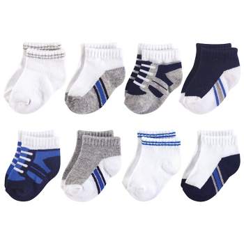 Luvable Friends Baby Boy Fun Essential Socks, Sneaker Blue Gray 8-Pack