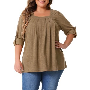 Agnes Orinda Women's Plus Size  Long Sleeve Button Square Neck Flowy Pleated Loose Tunic Blouse - 1 of 4