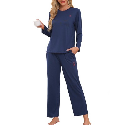 cheibear Women's Lounge Cute Cat Long Sleeve Tops with Pants Pajama Set
