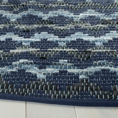 Handwoven Navy Blue and Black Wool Cotton Round Area Rug