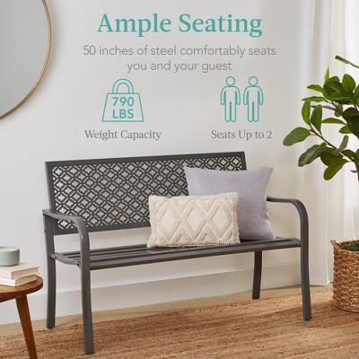 Gray Steel 2-Person Outdoor Garden Bench with Geometric Backrest