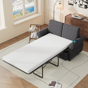57.9" Linen Pull Out Loveseat Sofa Bed with Twin Size Memory Mattress and Two USB Ports - 1 of 4