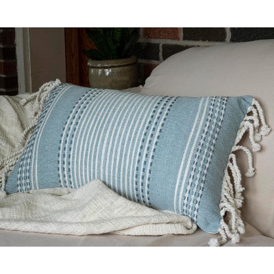 Blue Hand Woven Cotton Throw Pillow with Tassels